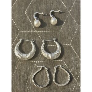 Three Pairs Of Sterling Silver 925 Hoops Earrings Faux Pearl Hammered Hoop #205